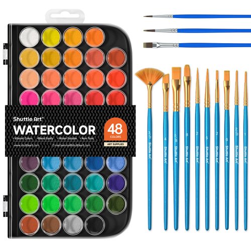 58 Pack Watercolor Paint Set, Shuttle Art 48 Colors Watercolor Pan with 10 Paint Brushes for Beginners, Artists, Kids & Adults to Watercolor Paint, Bullet Journal, Calligraphy Practice