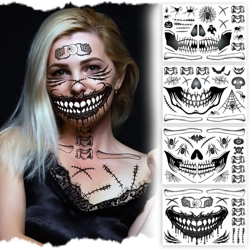 Halloween Temporary Face Tattoos, 4-Pack Skull and Creepy-Mouth Face Tattoo Stickers for Men and Women, Ideal for Halloween Costumes and Cosplay for Adults and Kids Fake Tattoos