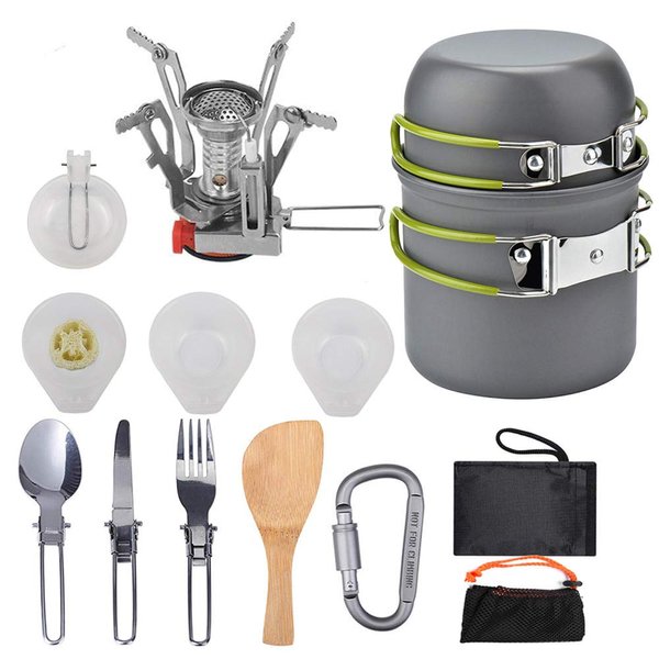 Peidesi Camping Cookware Mess Kit, Portable Camp Stove Pots and Pans Set, Carabiner, Folding Knife, Fork Spoon Kit, Carry Mesh Bag, for Backpacking