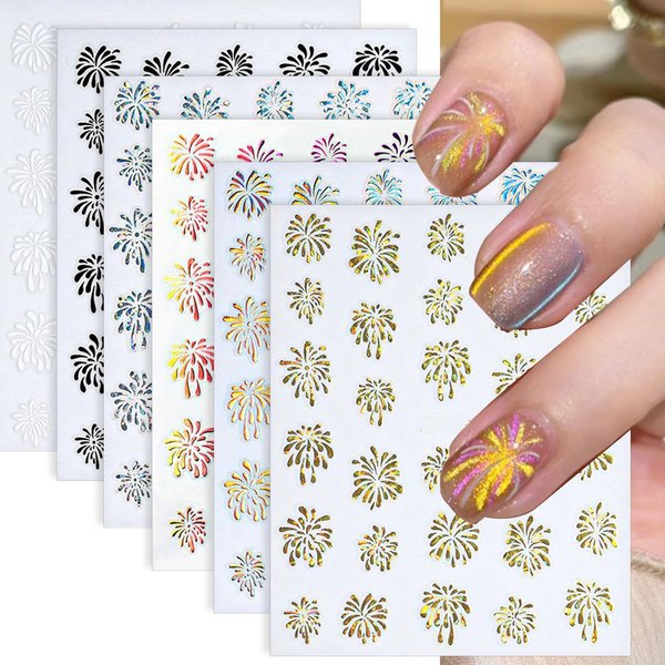 6pcs Colorful Fireworks Nail Art Stiskers 3D Laser Firework Nail Stickers for Women Manicure New Year Nail Supplies Christmas Nail Decals Blooming Pyrotechnics Nails Stickers Holiday Nail Sticker