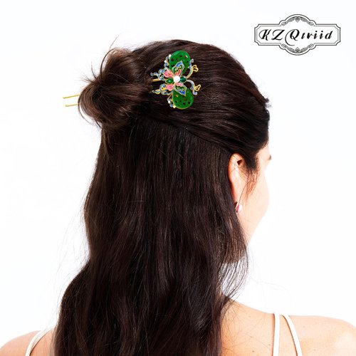 KZQtriid Hair Accessories，14k Gold Plated Copper，Vintage Handcrafted，Colour Enamels Jade Butterfly U-Shape Hair Stick And HairClip.Hair Chopsticks For Women