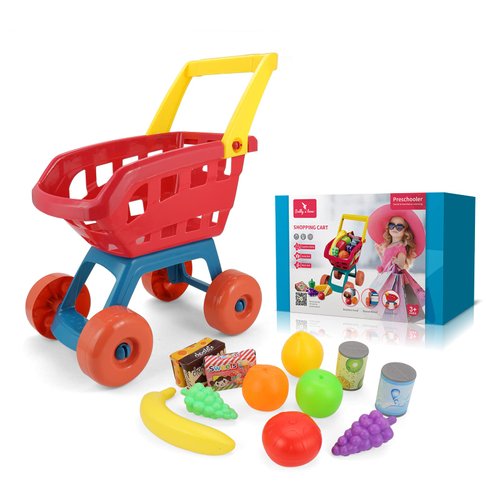 KidEwan Kids Shopping Cart for Groceries Toy Toddlers Girls Boys Mini Shopping Set with Food Fruit Vegetables Children Gift