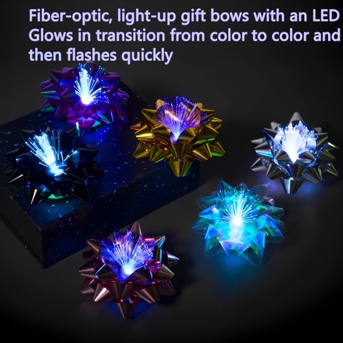 Light Up Glowing Gift Bows, 6 Iridescent LED Ribbon Bow for Gift Packaging and Decorations- LED Glowing Gift Ribbon Flower Bows, Self Adhesive