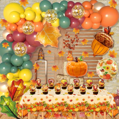 210Pcs Fall Balloons Garland Arch Kit, Fall Party Decorations Thanksgiving Party Decorations Maple Balloons Leaves Tablecloth for Friendsgiving Autumn Little Pumpkin Baby Shower Party Supplies