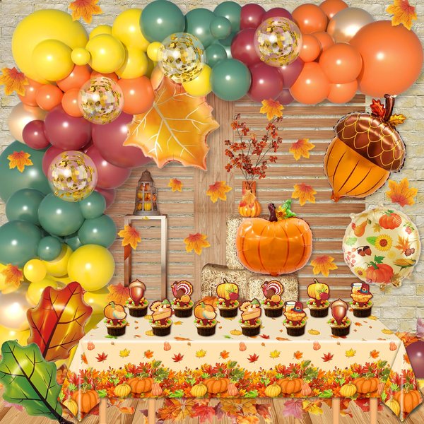 210Pcs Fall Balloons Garland Arch Kit, Fall Party Decorations Thanksgiving Party Decorations Maple Balloons Leaves Tablecloth for Friendsgiving Autumn Little Pumpkin Baby Shower Party Supplies