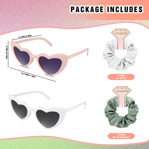 Satin Bridesmaid Scrunchies Bachelorette Hair Ties Set of 8 sunglasses Bridal Shower No Damage Hairties ideas Gift for Wedding Party Favors Bridesmaid Proposal Gifts (White & Sage Green)