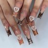 IMRAIN Brown Press on Nails Long Square Fake Nails Rhinestone French Tip False Nails with Pearl Designs Glossy Full Cover Glue on Nails for Women DIY Manicure Decoration 24Pcs