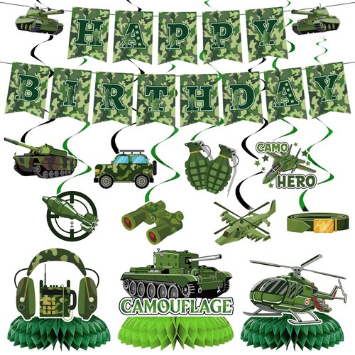 Joybileefun Army Birthday Party Decorations - 21PCS Camo Birthday Decorations with Banner Hanging Swirls Honeycomb Centerpieces for Tables Military Party Decorations for Boys Girls Party Supplies