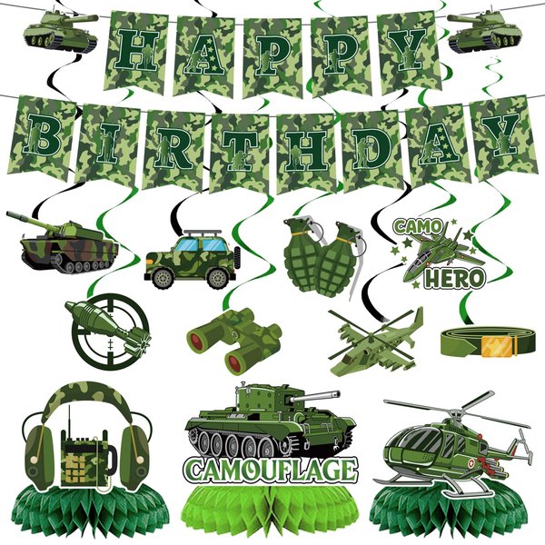 Joybileefun Army Birthday Party Decorations - 21PCS Camo Birthday Decorations with Banner Hanging Swirls Honeycomb Centerpieces for Tables Military Party Decorations for Boys Girls Party Supplies