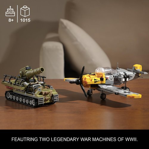 WW2 Military Toys Building Sets, Create a BF109 Fighter Plane & a Karl Giant Mortar Tank, Compatible with Lego, Great Army Airplane Toy for Boys and Kids Age 8-12