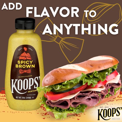 Koops' Spicy Brown Mustard – Spicy Mustard, Gluten-Free, Kosher, Made in USA, From Quality Mustard Seeds, Delicious and Bold Flavor – 12 Oz, Pack of 1