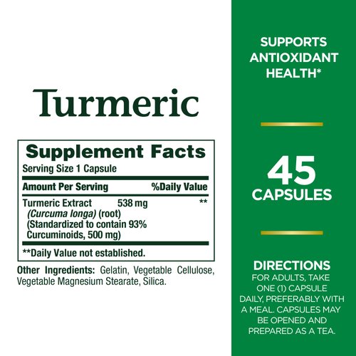 Nature's Bounty Turmeric Pills and Herbal Health Supplement, Antioxidant Health, 538mg, 45 Capsules