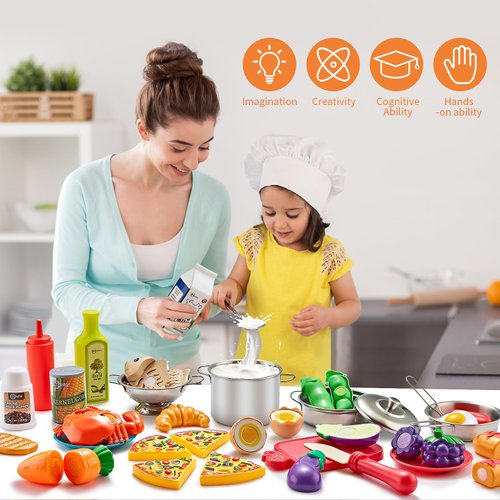 Kidsciety Pretend Play Kitchen Accessories, 52pc Kids Kitchen Playset with Play Food, Stainless Steel Cookware, Kitchen Toys Pots and Pans, Toddler Kitchen Set with Cuttable Toy Food, Boys Girls Gift