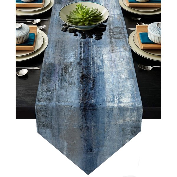 Blue and Grey Table Runner,Navy Blue Abstract Modern Art Burlap Table Runners for Table Dresser Runner Farmhouse Style for Dinner Party Holidays Home Decoration (Blue Grey, 13"x 91")