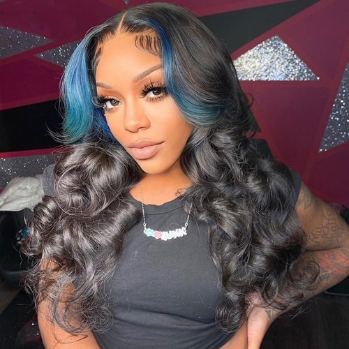 JYZ Skunk Stripe Wig Human Hair Lace Front Blue Highlights Wig Human Hair Wavy 13X4 HD Lace Front Wigs Human Hair 200% Density Highlight Wigs Human Hair Pre Plucked with Baby Hair 20inch Middle Part