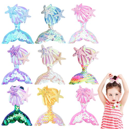 9 Pack Mermaid Hair Clips Cute Starfish Shell Mermaid Princess Hairpins Beach Wedding Alligator H...