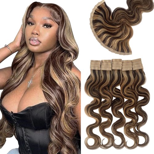 Body Wave Tape in Hair Extensions Human Hair, Medium Brown Balayage Cameral Blonde Highlights Tape in Hair Extensions for Women Seamless PU Skin Weft Tape ins Human Hair Extensions 24 Inch 50g 20pcs
