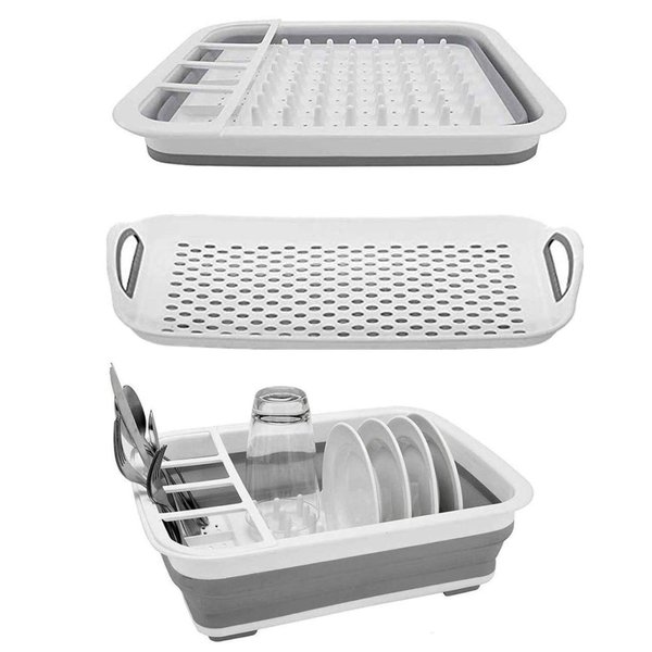 Ahyuan Collapsible Dish Drying Rack Portable Dinnerware Drainer Organizer for Kitchen RV Campers Travel Trailers Space Saving Kitchen Storage Rack Tray (with Drainboard)