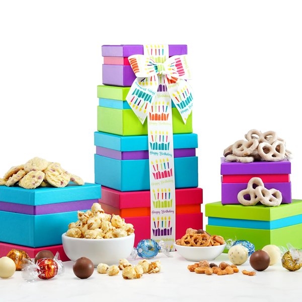 Broadway Basketeers Birthday Food Gift Basket 4 Box Tower – Snack Box, Sweet & Savory Treats for Parties, Best Wishes, Birthday Presents for Women, Men, Mom, Dad, Her, Him, Families