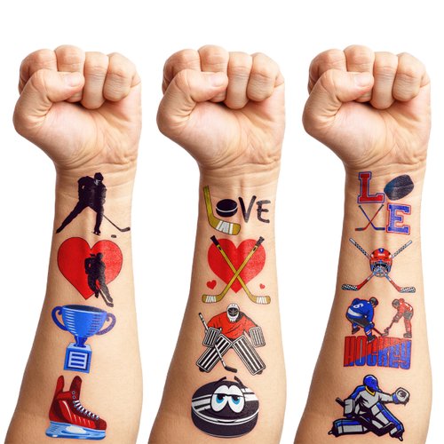 8 Sheets (96PCS) Ice Hockey Temporary Tattoos Sports Themed Birthday Party Supplies Favors Decorations Decor Stickers for Kids Gifts Classroom School Prizes Rewards