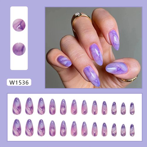 Tyuimhx Purple Marble Texture Press on Nails Medium Almond Fake Nails Glossy False Nails Full Cover Stick on Nails Acrylic Artificial Nails for Women Girls Glue on Nails 24Pcs