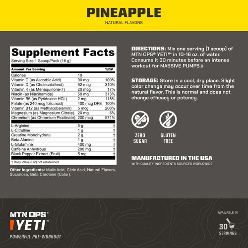 MTN OPS Yeti Pre-Workout Powder Energy Drink with Creatine, 200mg Caffeine & BCAAs with Beta Alanine, 30-Serving Tub, Pineapple Crush