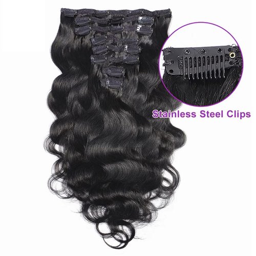 Feelgrace Wavy Clip ins Hair Extensions Human Hair, 18" Natural Black Body Wave Clip in Remy Human Hair Extensions for Women