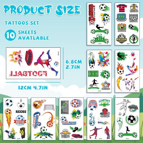 10 Sheets Soccer Temporary Tattoos, Sport Theme Birthday Party Favors, Soccer Fake Tattoo Stickers for Kids Boys Girls Children, Soccer Party Favors for Boys, School Prize Party Bag