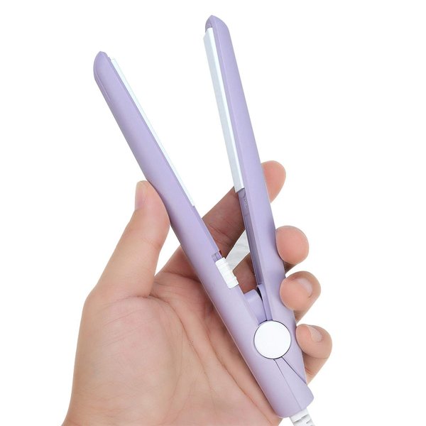 Ceramic Mini Hair Curler Straightener Flat Iron for Short Small Curling Tiny Irons Travel Size Bangs 2 in 1 Straightener Tourmaline Plate Beauty Heating Heats Up Fast (Purple)