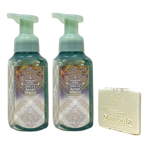 Bath & Body Works Holly Berry Spruce 2 Pack Gentle & Clean Foaming Hand Soap Bundle with a Natural Oats Sample Soap