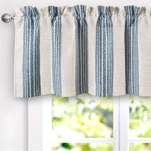 DriftAway Chris Linen Lined Valance Double Layer Thermal Insulated Room Darkening Blackout Valances 3 Inch Rod Pocket Vertical Striped Kitchen Valance for Bathroom 52 Inch by 18 Inch Jean Navy