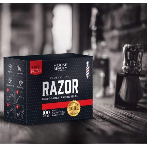 HBS Disposable Razor Heads, With Safety-Lock For Professional Barber Use 100 Count, Each Box Include 1 Multi-Use Straight Razor Handle.