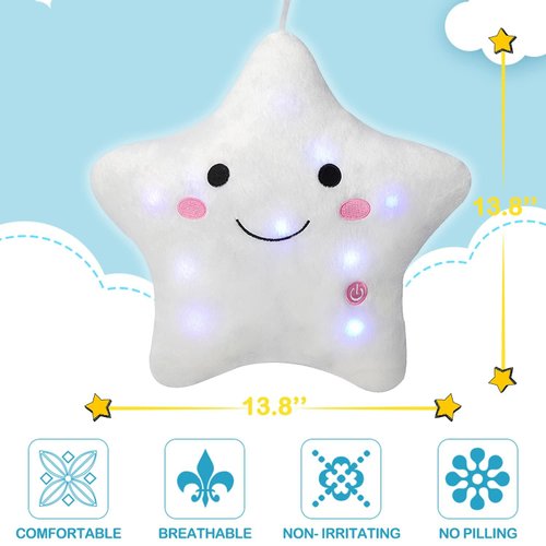 DearSun 13''Creative Twinkle Star Colorful Night Light Plush Pillows Light up Night Stuffed Toys Perfect for Birthday Christmas Holiday Valentines (White)