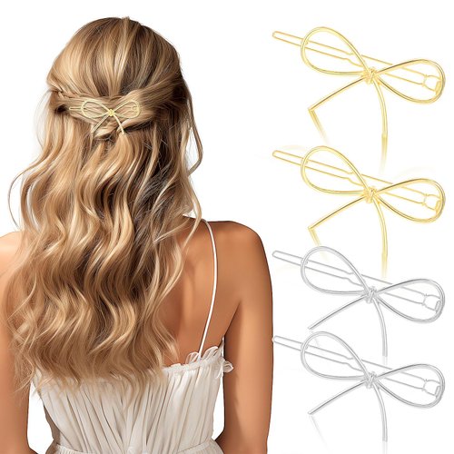 Mabor 4Pcs Metal Bow Barrettes Hair Clips for Women Girls Gold and Silver Bows Hairpins Barrettes Simple Minimalist Bow Hair Pin Stylish Hair Accessories Hair Styling Pins