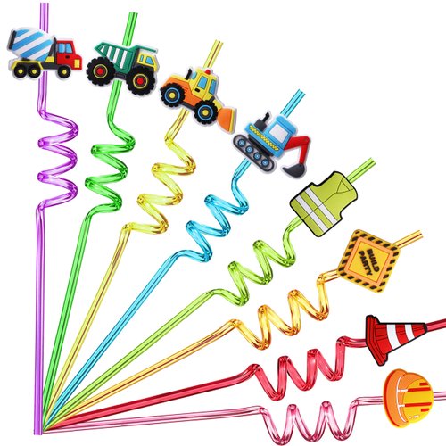 TMGIDRI 24 Construction Party Favors Straws, Construction Birthday Party Supplies, Excavator Bulldozer Blender Truck for Construction Theme Birthday Party Supplies with 2 Cleaning Brushes