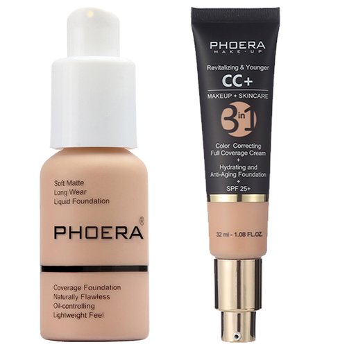 PHOERA Foundation Full Coverage,PHOERA CC Cream Color Correcting Anti Aging Hydrating Serum &SPF 25+,PHOERA Makeup Wrinkles Matte Natural Finish for a Flawless Complexion(103+120/Warm peach+Nude)