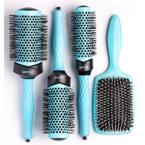 Professional Series 4-Piece Round Brush Set for Blow Drying with Paddle Brush by SKYPRO | Ceramic Ion Barrel | Volumizing Roller Brush w/Long Ultra-Glide Bristles, Comfort Grip for Easy Hair Styling