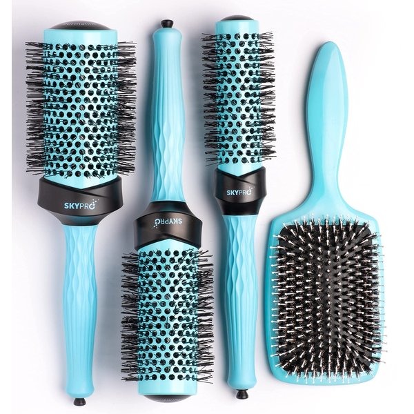Professional Series 4-Piece Round Brush Set for Blow Drying with Paddle Brush by SKYPRO | Ceramic Ion Barrel | Volumizing Roller Brush w/Long Ultra-Glide Bristles, Comfort Grip for Easy Hair Styling