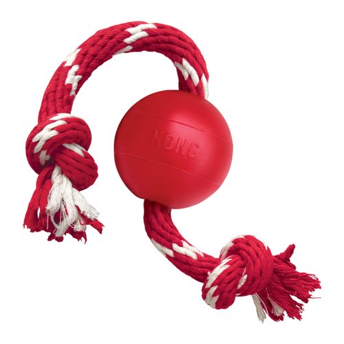 KONG Ball with Rope - Dog Fetch Toy with Rope for Easy Throwing - Durable Dog Ball Toy for Tug, Playtime & More - Natural Rubber Ball Rope Toy for Dogs - Red, For Small Dogs