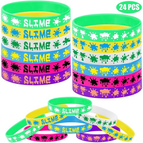 24PCS Rainbow Slime Themed Rubber Bracelets Silicone Wristbands -Art Paint Party Supplies Birthday Baby Shower Party Favors