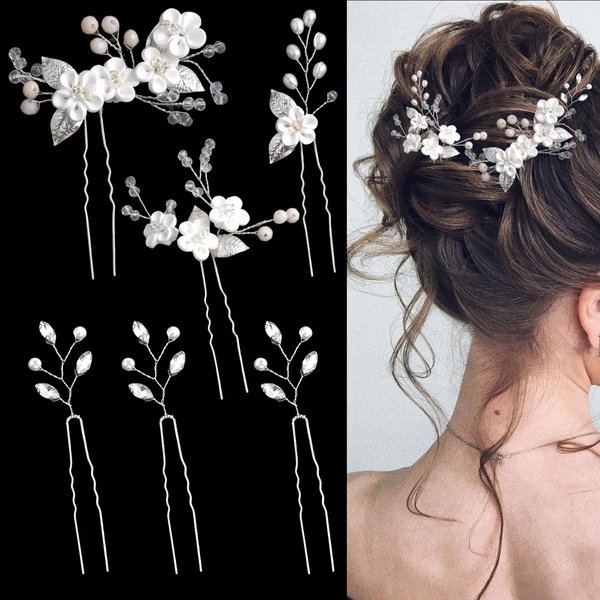 6 Pcs Flower Bridal Wedding Hair Pins Flower Rhinestone Pearl Hair Piece for Women Crystal Hair Accessories for Bride Bridesmaids Flower Girls(Silver)