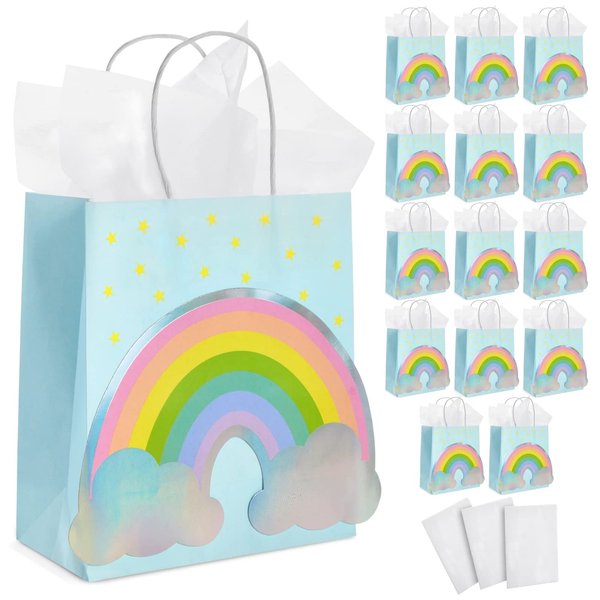 15-Pack Rainbow Gift Bags with Handles and 20 White Tissue Paper Sheets, Medium-Size Goodie Bags For Baby Shower, Birthday Party Favors (8x9x4 in, Blue, Kraft Paper)