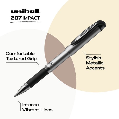 uni-ball Signo 207 Impact Stick Gel Pen, 4 Black Pens, 1.0mm Bold Point Gel Pens, Smooth Writing, Archival-Quality Ink, Acid-Free, Superior Comfort