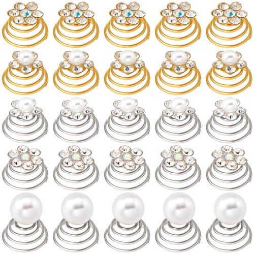 OIIKI 25PCS Rhinestone Pearl Spirals Hair Clips, Sparkle Crystal Flower Pearl Coil Hair Jewelry Clips, Hair Decorative Accessories for Bridal, Bridesmaid Flower Wedding Party Prom (5 Styles)