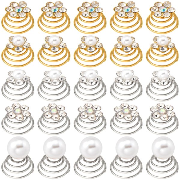 OIIKI 25PCS Rhinestone Pearl Spirals Hair Clips, Sparkle Crystal Flower Pearl Coil Hair Jewelry Clips, Hair Decorative Accessories for Bridal, Bridesmaid Flower Wedding Party Prom (5 Styles)