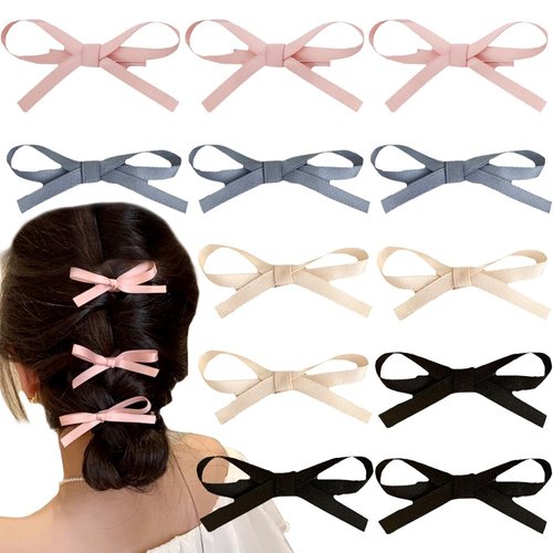 12 Small Cute Barrettes and Hair Clips for Girls - Bowknot Ribbons and Kawaii Accessories in White, Pink, Black, Blue
