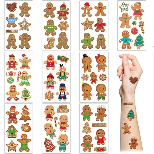 Gingerbread Temporary Tattoos,10 Sheets Cute Gingerbread Man Stickers Tattoos for Kids Christmas Decorations Xmas Party Supplies,Xmas Gifts Stocking Fillers Party Bag Fillers for Boys Girls Children