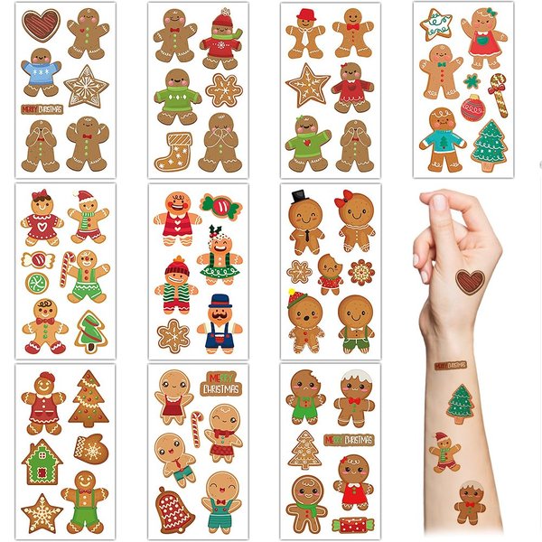 Gingerbread Temporary Tattoos,10 Sheets Cute Gingerbread Man Stickers Tattoos for Kids Christmas Decorations Xmas Party Supplies,Xmas Gifts Stocking Fillers Party Bag Fillers for Boys Girls Children