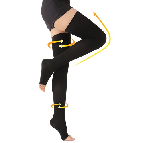 MGANG Medical Thigh High Compression Stockings for Men and Women, Pair, Open Toe, 20-30 mmHg Graduated Support Thigh Length Hose, Dot Top, Opaque, Best for Varicose Veins, Edema, Flight, Black XXL