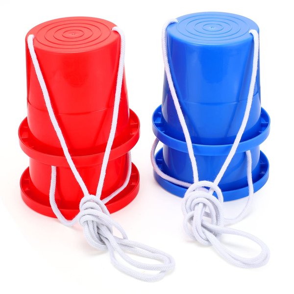 Meooeck 2 Pairs Walking Stilts Balancing Bucket Stilts Cup Thickened Plastic Stilts with Adjustable Rope for Kid Balance Coordination Birthday Playground Game Party Favor(Red, Blue)